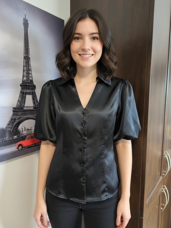 George Tops - George Black Satin Puff-Sleeve Button-Down Shirt